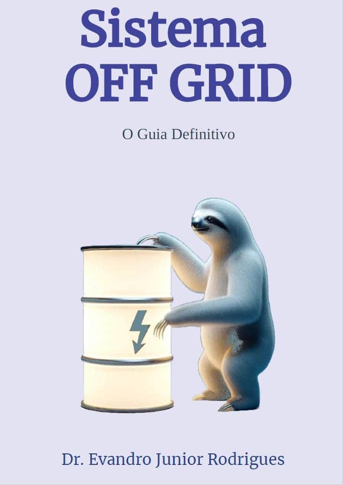 Capa do ebook "Sistema OFF Grid": Bicho-preguiça abraçando bateria gigante de energia solar off grid