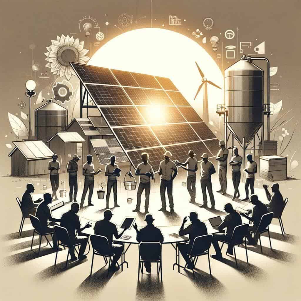 Community Engagement in Solar Energy: A warm and inviting image capturing the concept of community and learning in the realm of solar energy, with enthusiasts engaged in discussion around a solar panel.