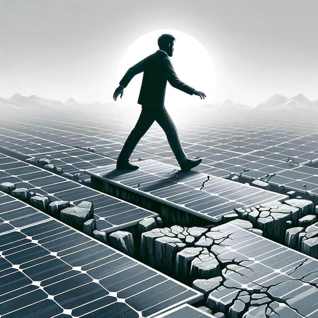 Fragility of Photovoltaic Cells: An artistic representation of a person cautiously walking on solar panels, highlighting the potential for micro-cracks in the photovoltaic cells.