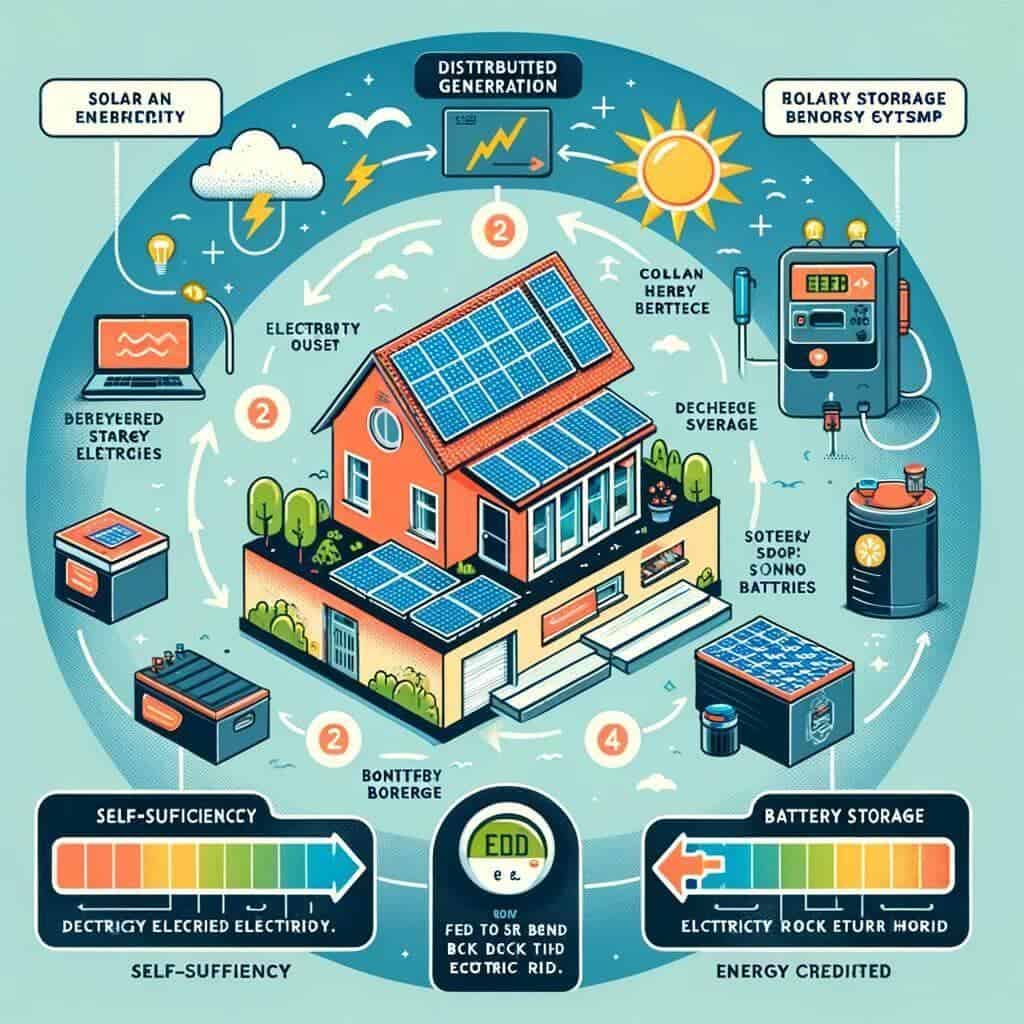 Geração distribuída de energia solar: Demonstrando como a energia solar é gerada, usada, armazenada ou enviada de volta à rede elétrica.