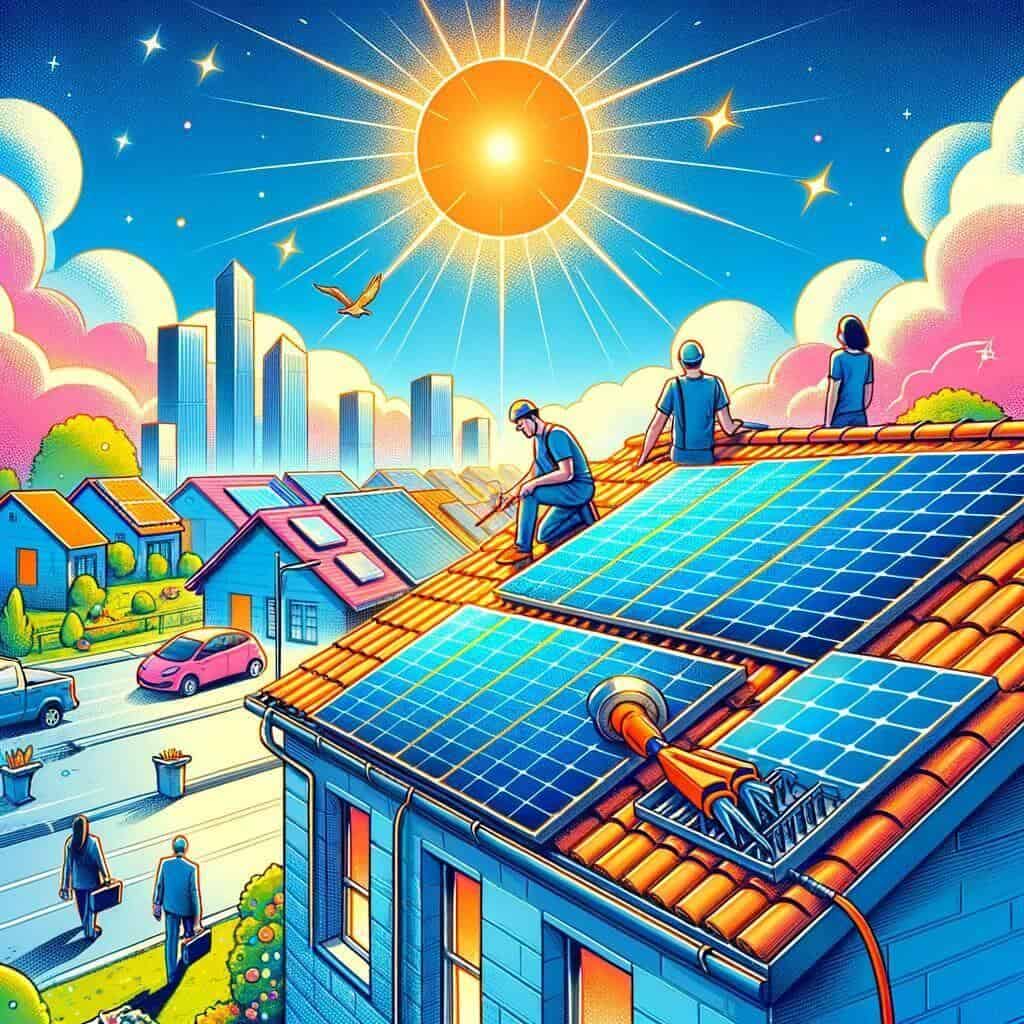 Ilustração vibrante mostrando os primeiros passos na implementação de um projeto de energia solar com painéis solares sendo instalados em um telhado.