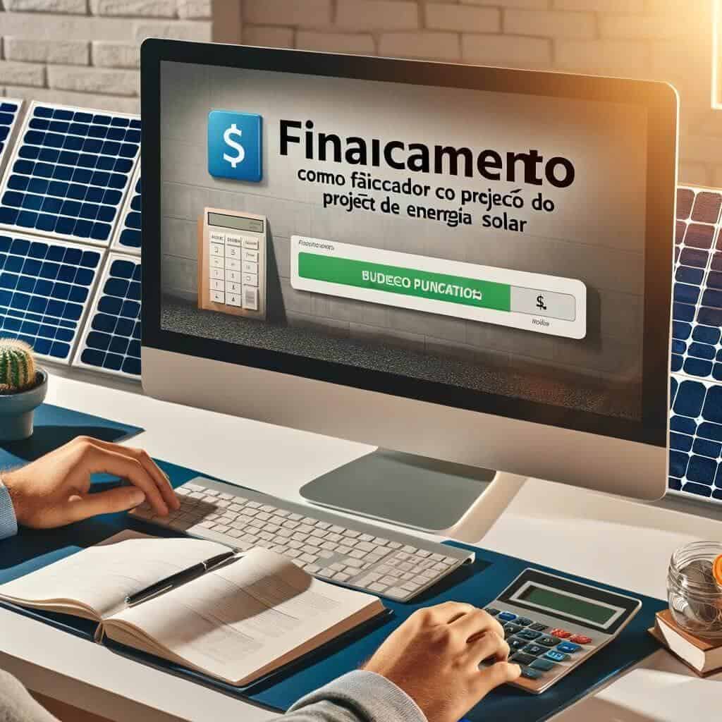 Pessoa preenchendo um formulário de financiamento em um computador, destacando a acessibilidade financeira para projetos de energia solar.