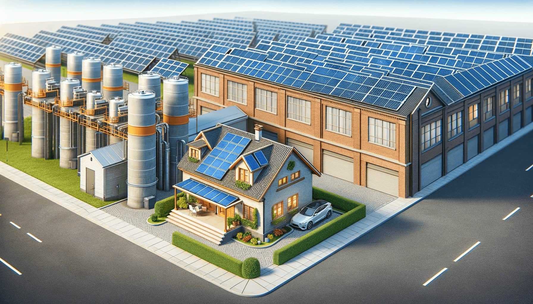 Uma casa com painéis solares no telhado e uma fábrica com painéis solares no estacionamento.