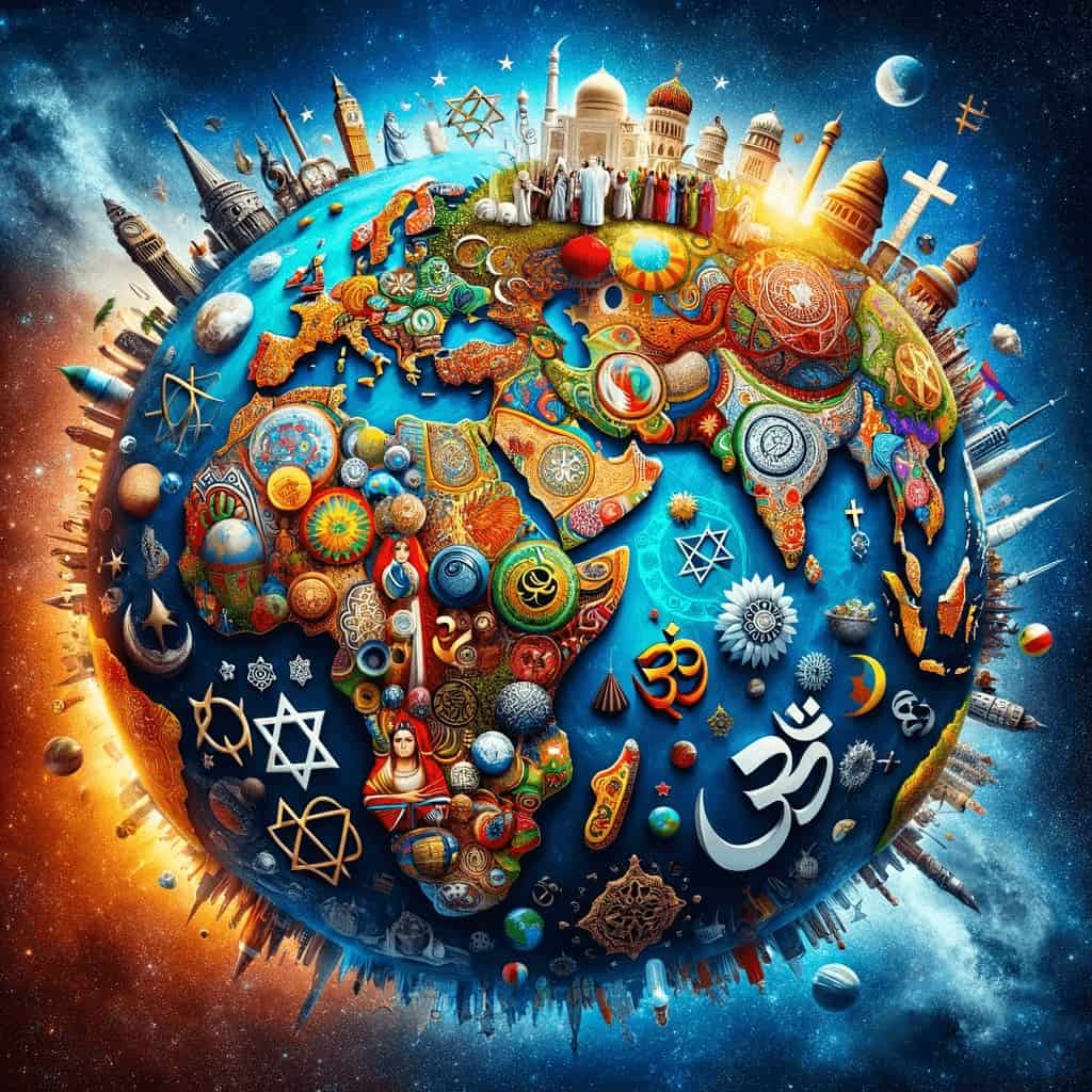 Uma foto de um globo terrestre com diferentes culturas e religiões.