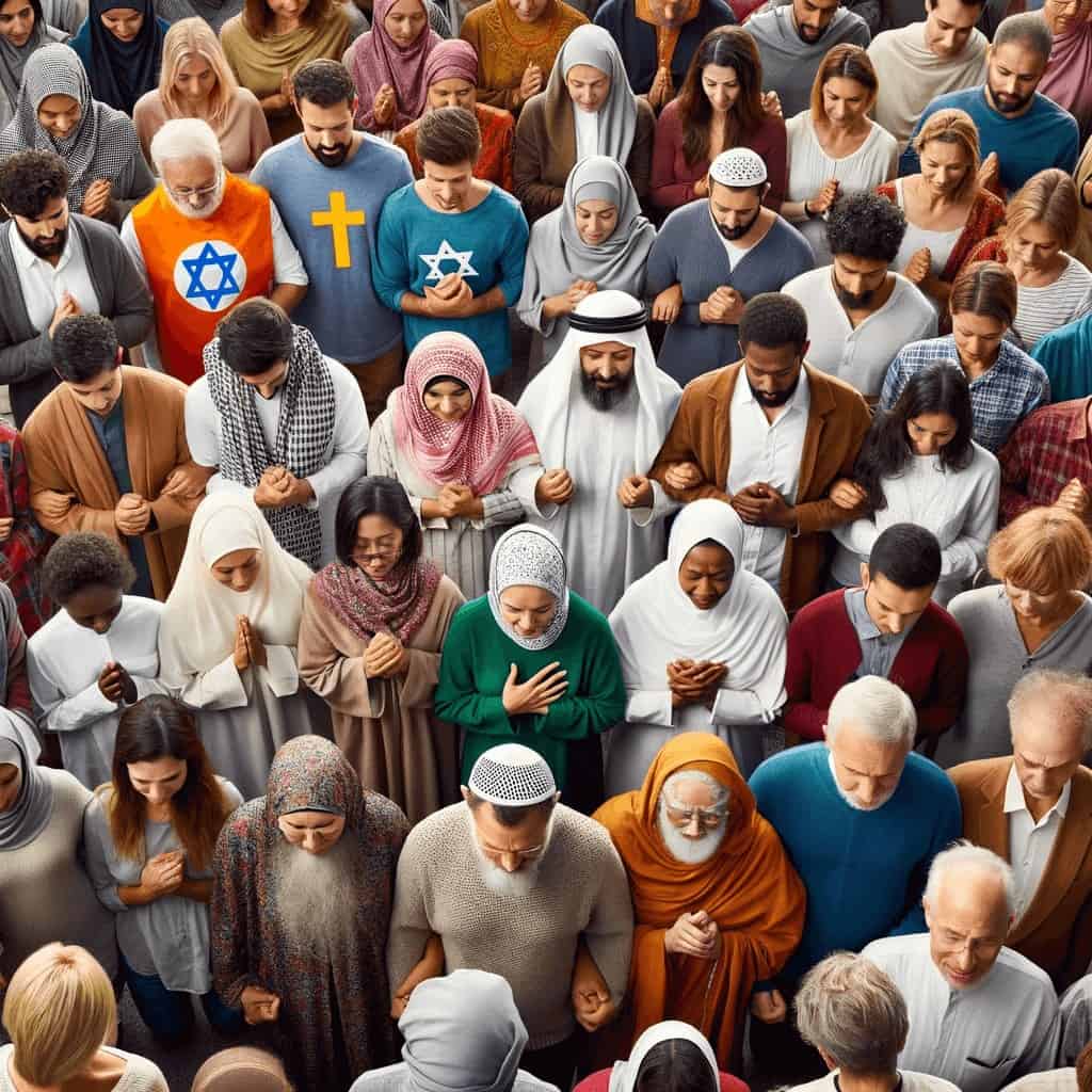 Uma foto de um grupo de pessoas de diferentes religiões orando juntas.