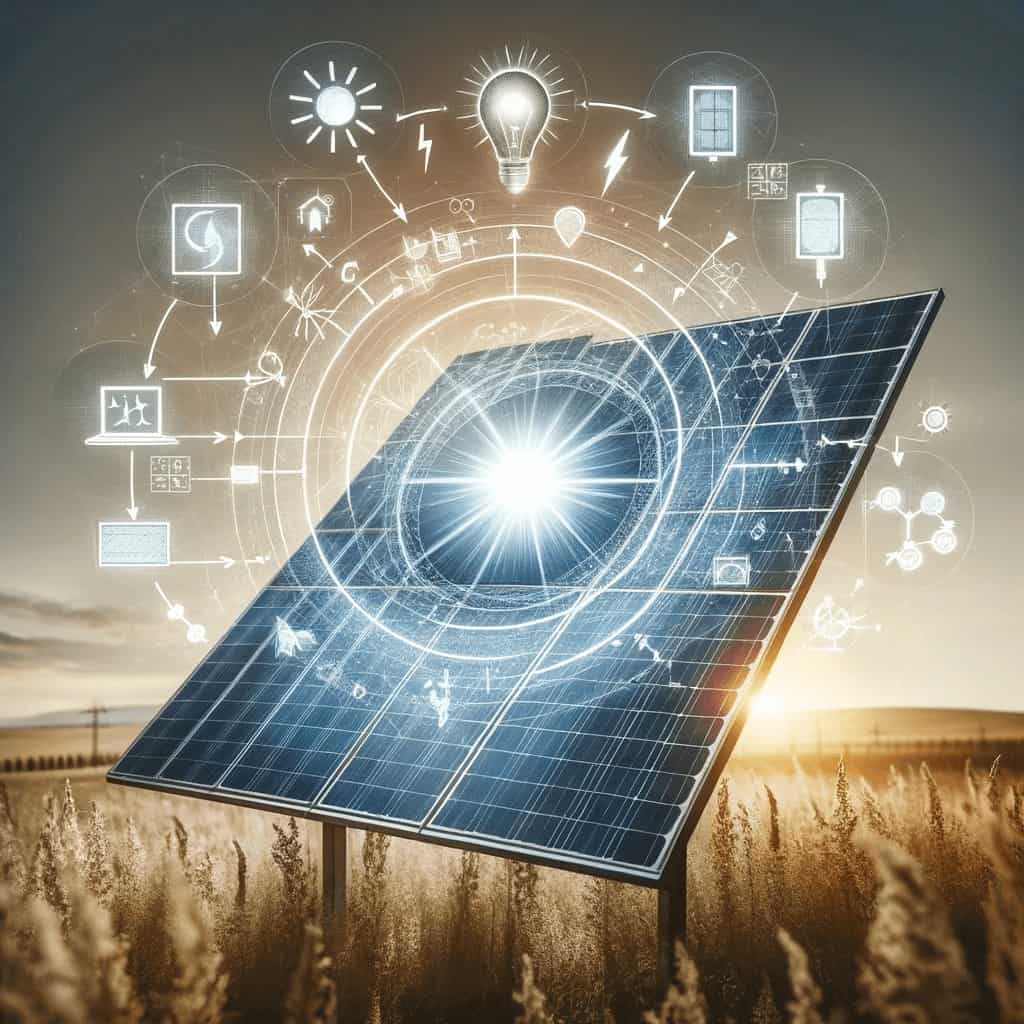  Uma foto de um painel solar com um diagrama mostrando a conversão de energia solar em energia elétrica.