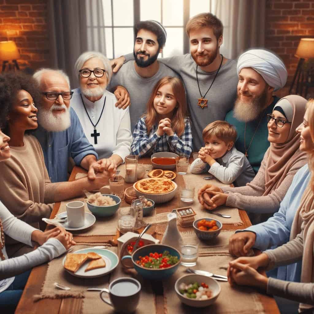Uma foto de uma família com diferentes religiões vivendo em harmonia.