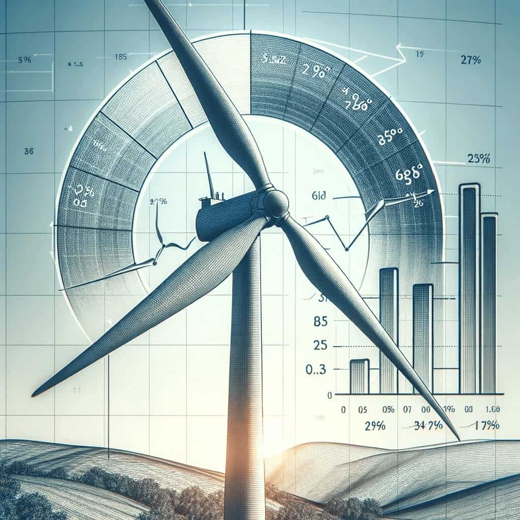 Uma turbina eólica e um gráfico mostrando a eficiência da conversão de energia eólica em energia elétrica.